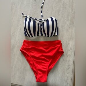 Striped Bikini Top and Red Bottoms